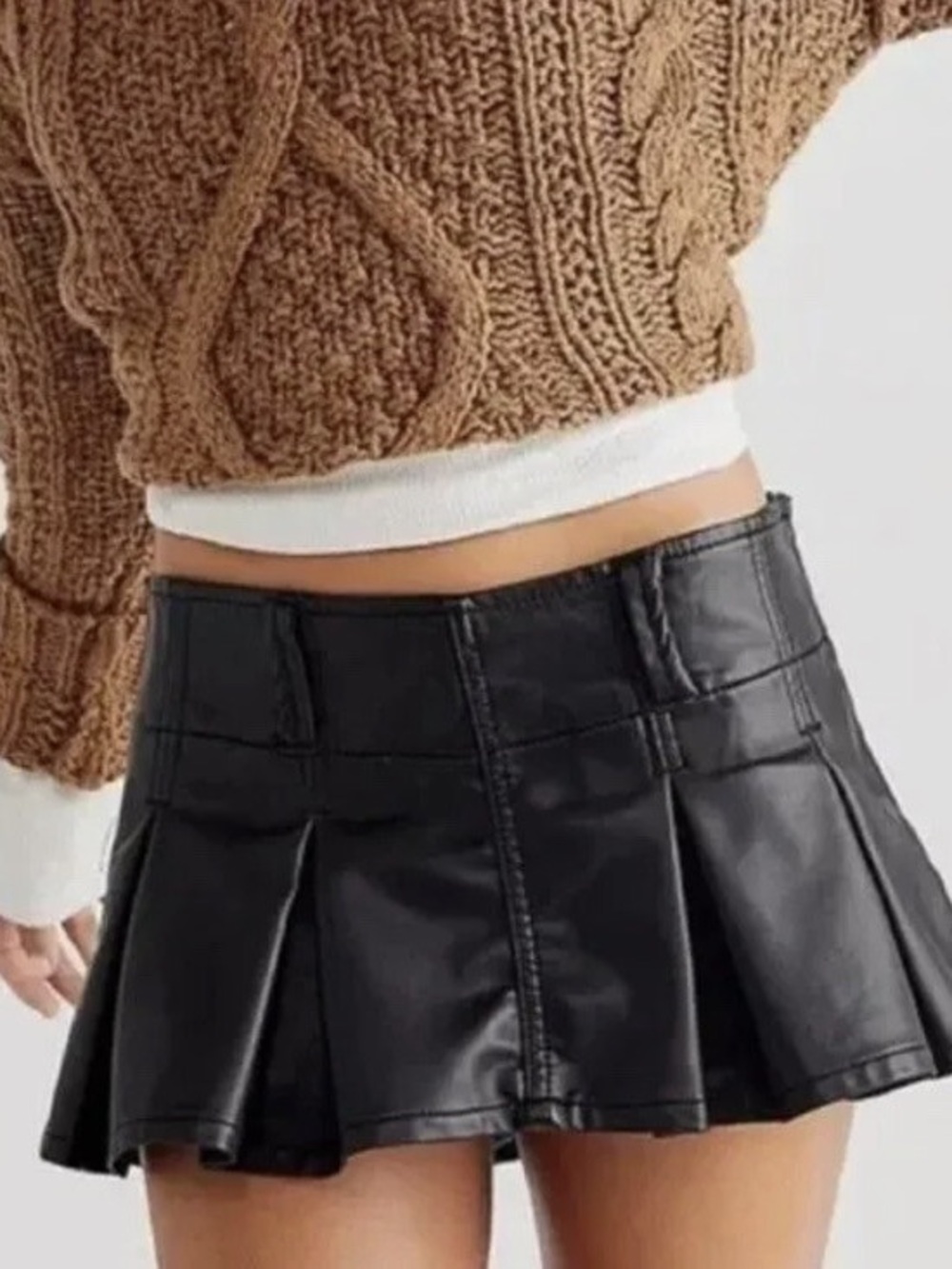 Free People Black Leather Pleated Mini Skort